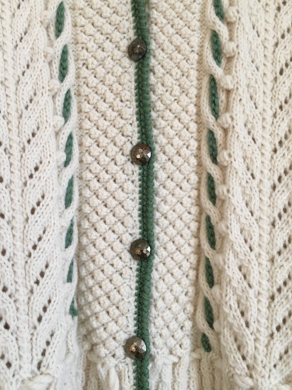 Vintage Hand-Knit Peplum Cardigan Sweater S Cream Sage Green Cable Whimsigoth - Picture 6 of 16